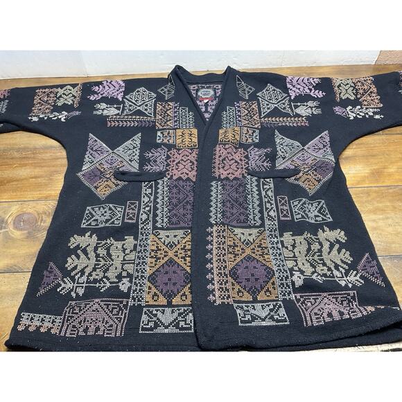 Johnny Was Biya Fenella Embroidered Kimono Cardigan Black Knit Open Front Small - Picture 9 of 16